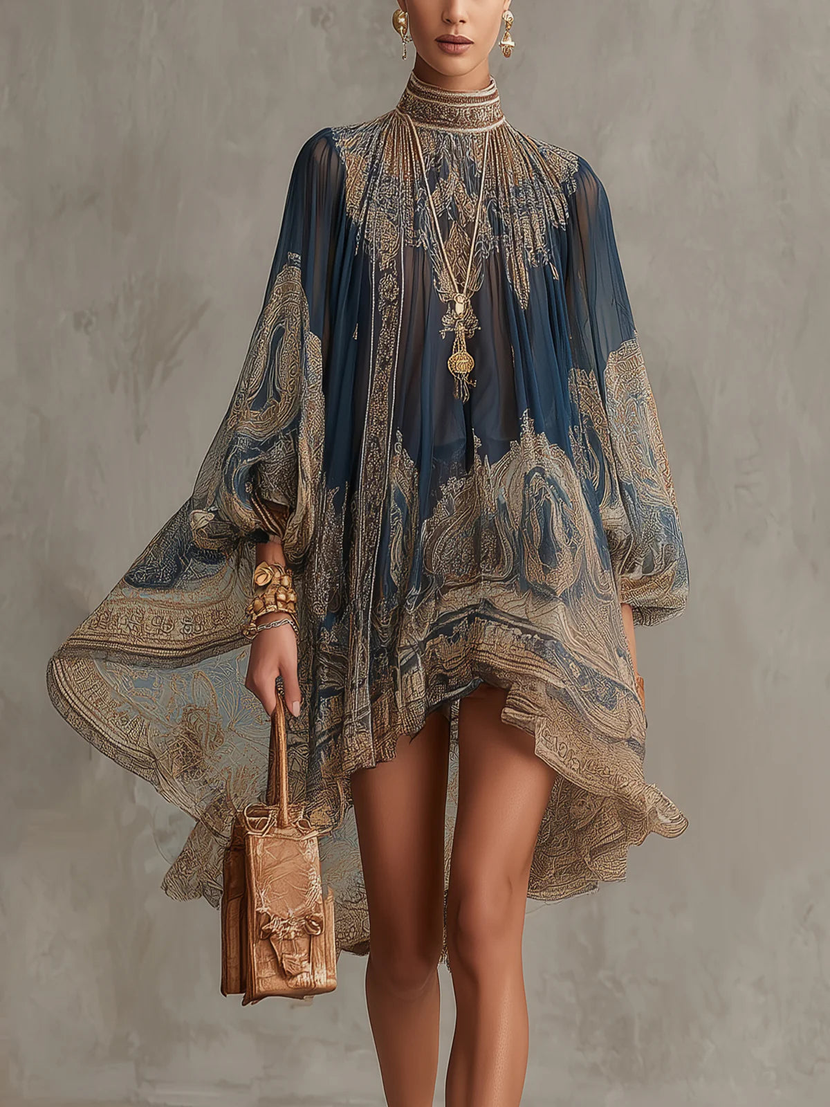 Vestido Mini en Chifón con Estampado Barroca Azul Marino