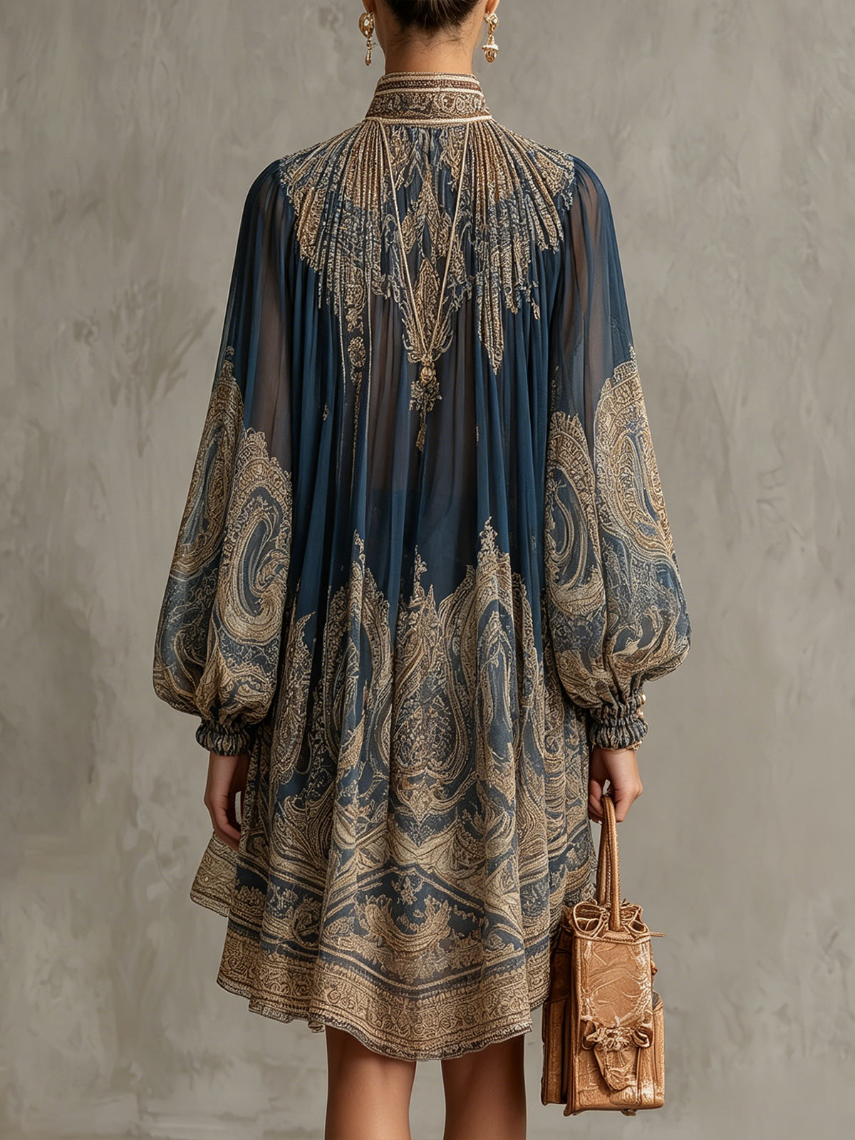 Vestido Mini en Chifón con Estampado Barroca Azul Marino