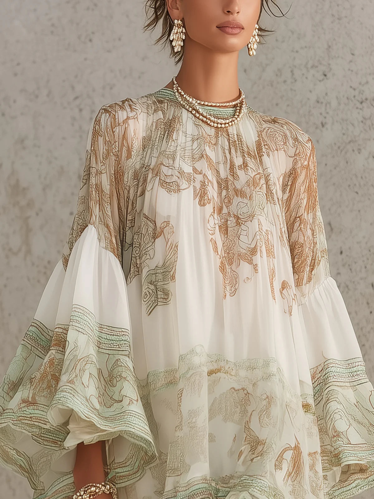 Vestido Mini en Chifón con Rayas y Mangas en Volante Verde