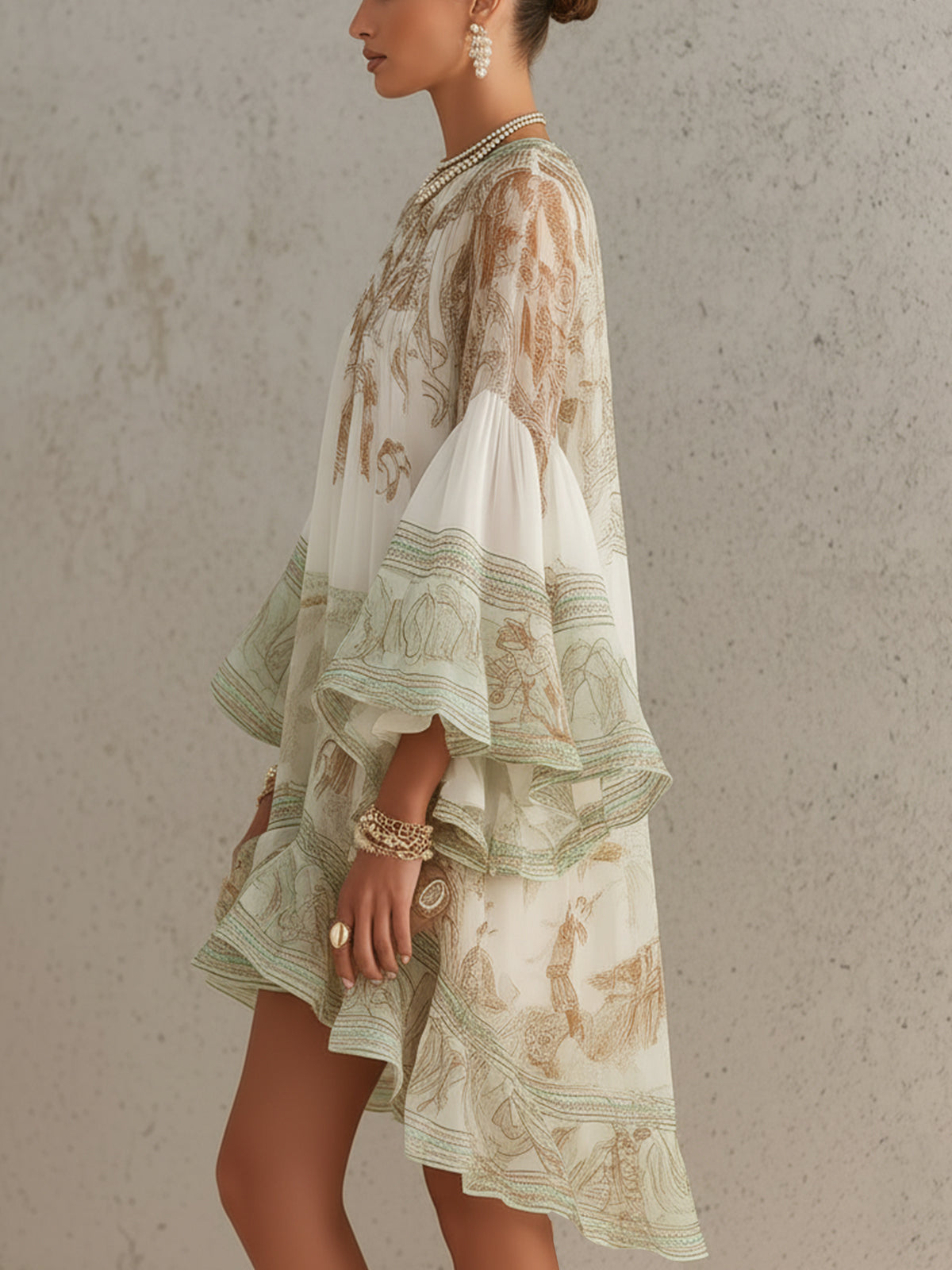 Vestido Mini de Chifón Verde a Rayas con Mangas de Volantes