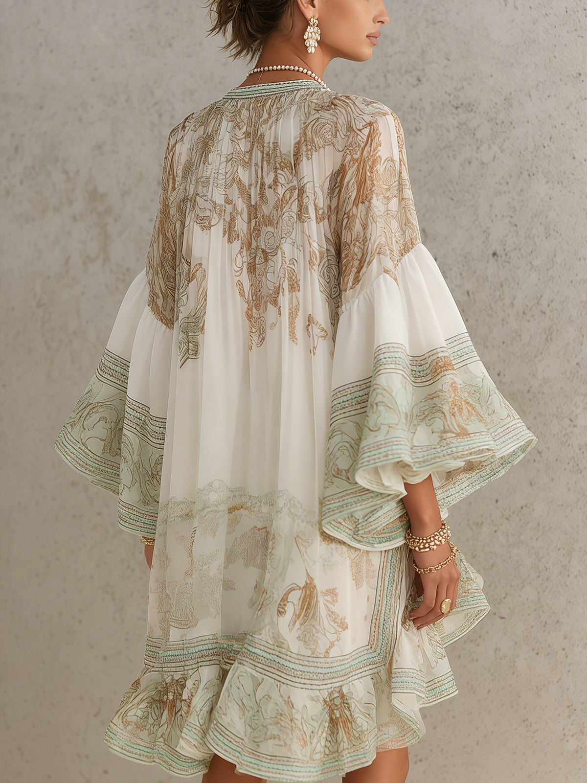 Vestido Mini en Chifón con Rayas y Mangas en Volante Verde