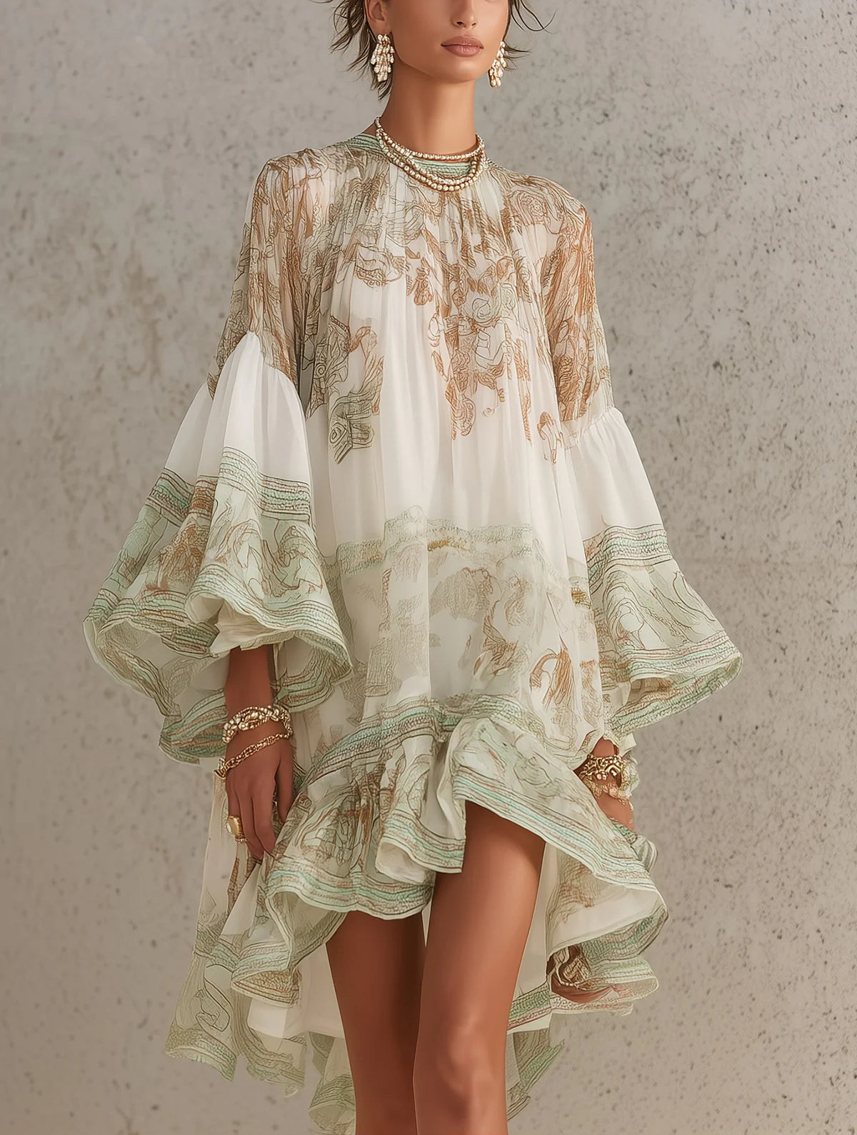 Vestido Mini en Chifón con Rayas y Mangas en Volante Verde