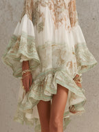 Vestido Mini en Chifón con Rayas y Mangas en Volante Verde