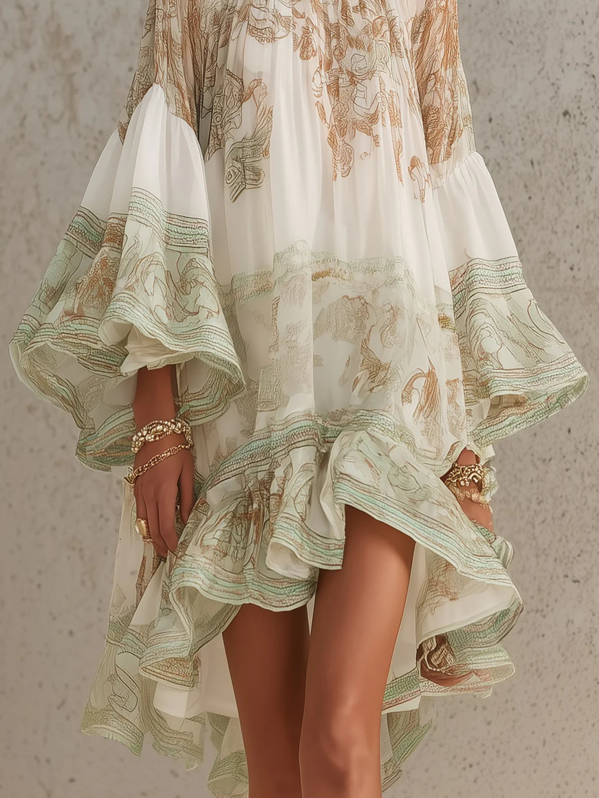 Vestido Mini en Chifón con Rayas y Mangas en Volante Verde