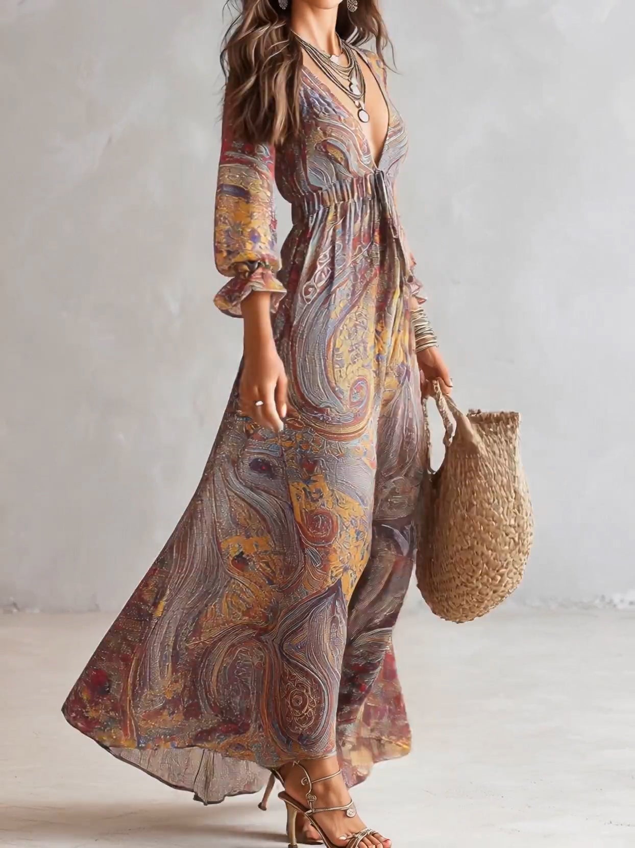 Vestido Maxi de Chifón con Estampado Paisley y Escote en V