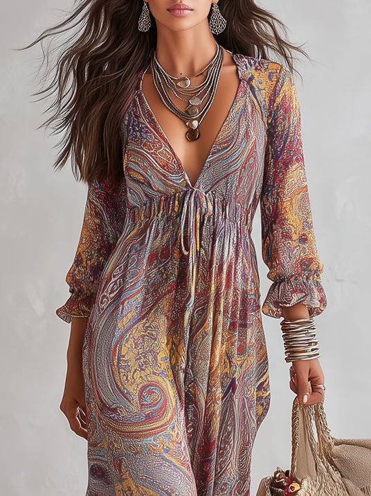 Vestido Maxi en Chifón con Estampado Paisley y Escote en V