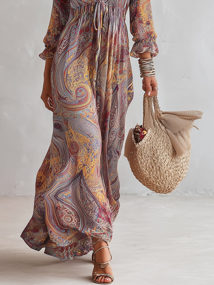 Vestido Maxi de Chifón con Estampado Paisley y Escote en V