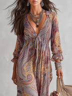 Vestido Maxi de Chifón con Estampado Paisley y Escote en V