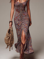 Vestido Maxi a Flores Plisado Gris Púrpura