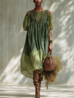 Vestido Midi en Chifón Verde con Hombros Descubiertos