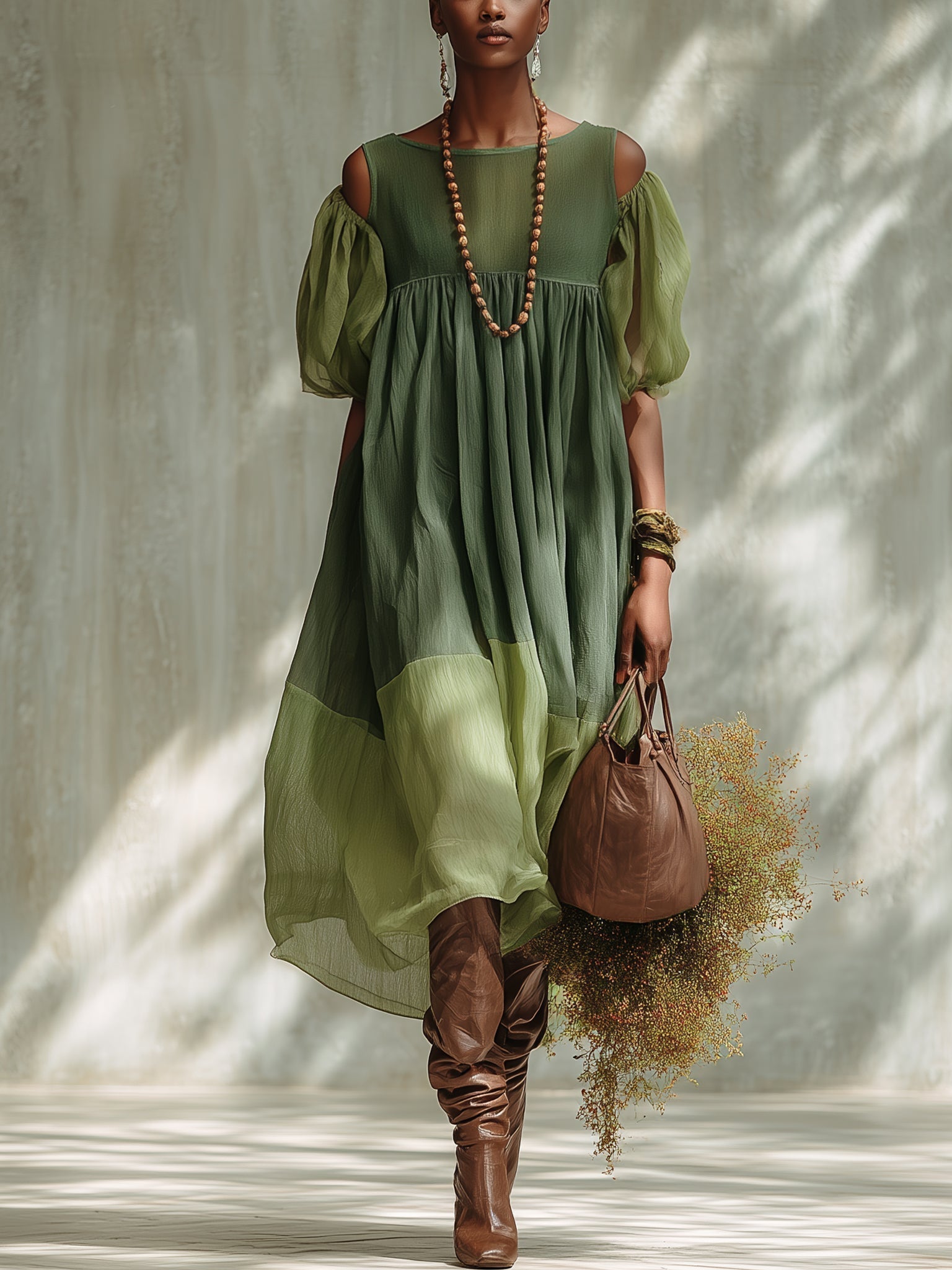 Vestido Midi de Chifón Verde con Hombros Descubiertos