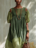 Vestido Midi de Chifón Verde con Hombros Descubiertos
