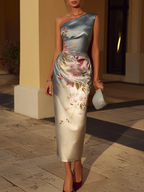 Vestido Midi de Satén Floral con Hombro Descubierto