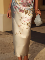 Vestido Midi de Satén Floral con Hombro Descubierto