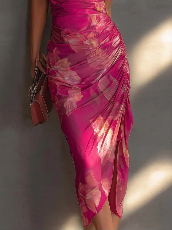 Vestido Ajustado sin Mangas con Estampado Floral Fucsia