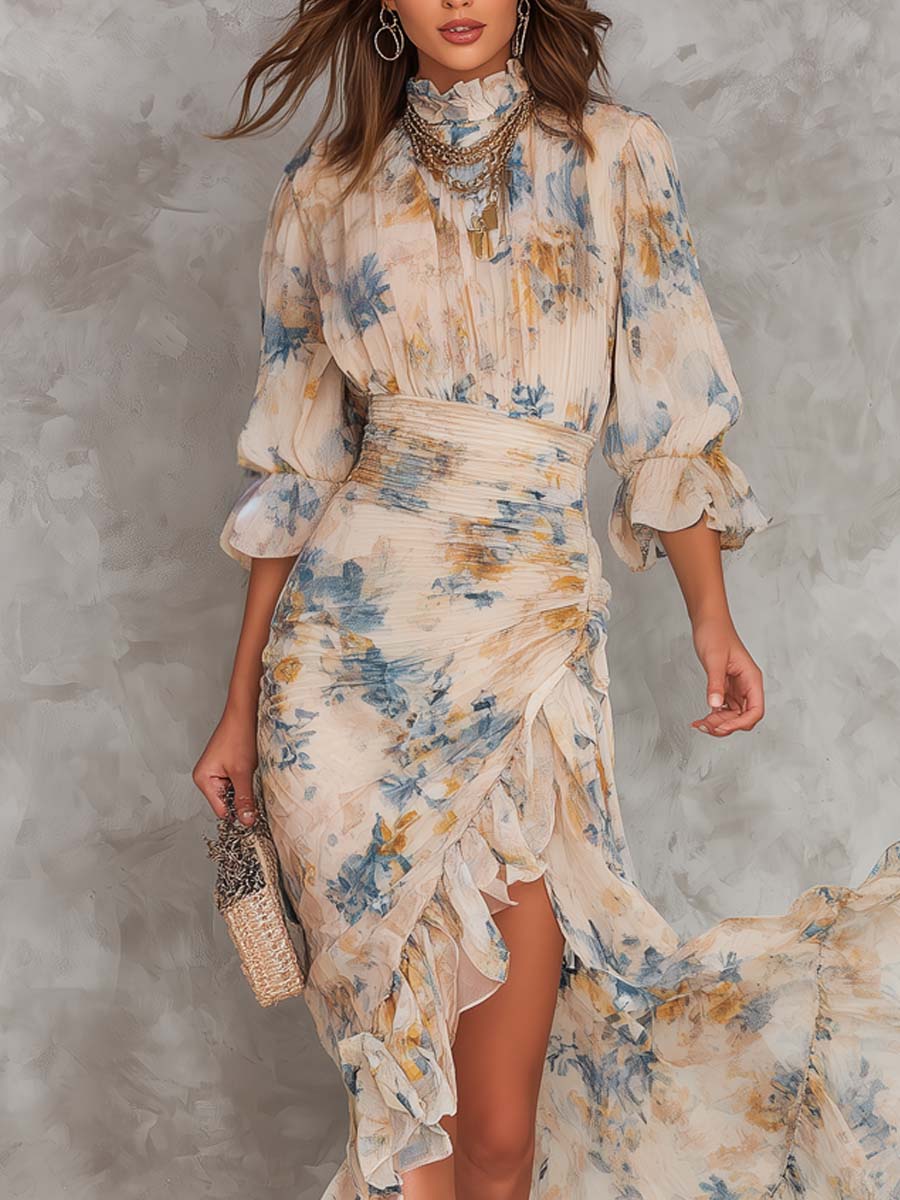 Vestido Maxi Asimétrico de Chifón con Estampado Floral