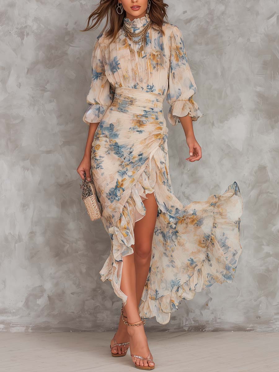 Vestido Maxi en Chifón Irregular con Estampado Floral