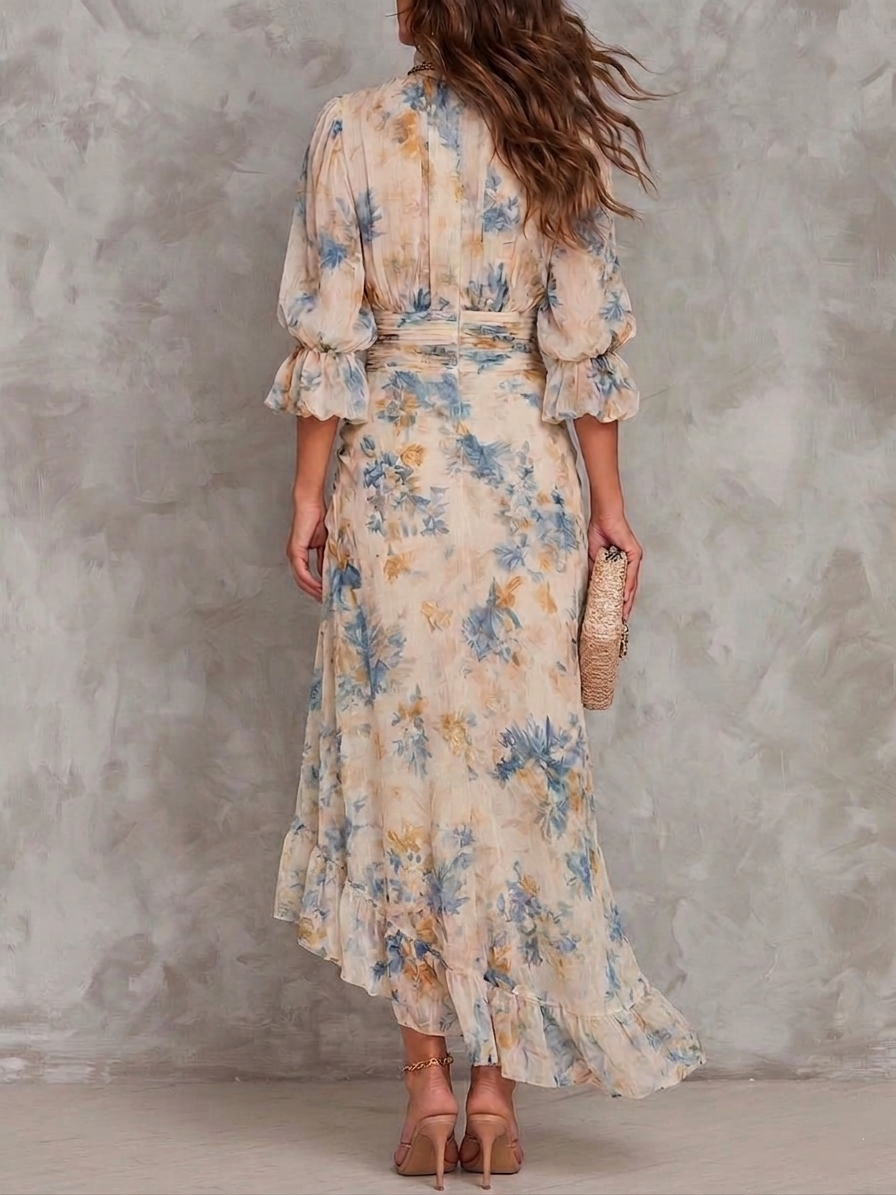 Vestido Maxi Asimétrico de Chifón con Estampado Floral