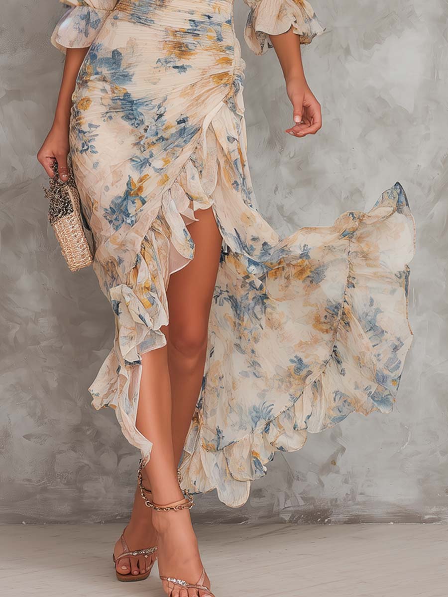 Vestido Maxi Asimétrico de Chifón con Estampado Floral