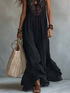 Vestido Maxi Negro Sin Mangas con Encaje Bohemio