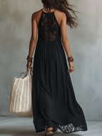 Vestido Maxi Negro sin Mangas con Encaje Bohemio