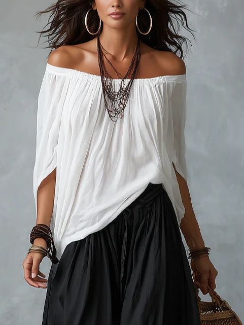 Set Top Blanco Off-Shoulder y Pantalones Anchos