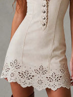 Adara Vestido Mini Color Marfil de Encaje Calado con Escote en V