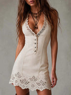 Adara Vestido Mini Color Marfil de Encaje Calado con Escote en V