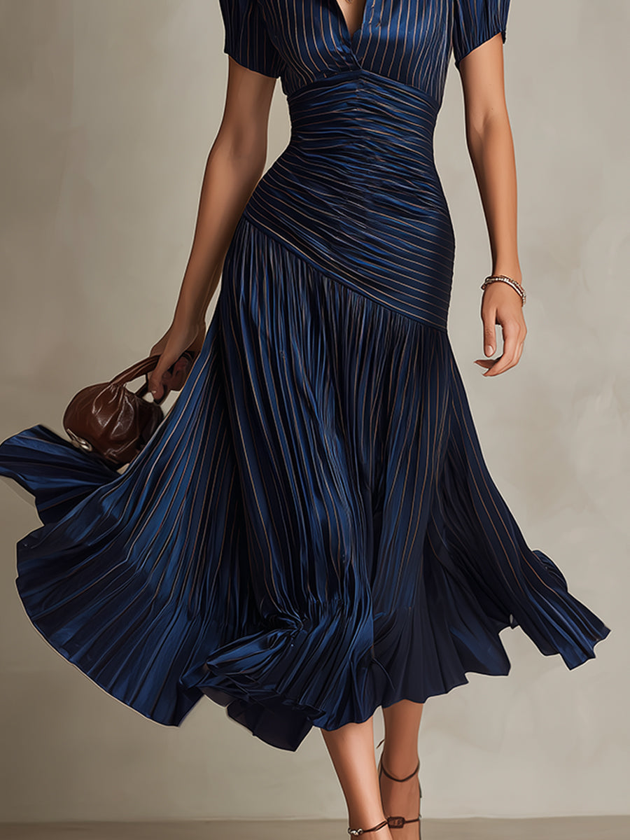 Adriana - Vestido midi de satén de rayas retro