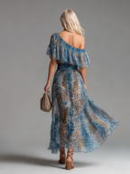Selvaggia - Vestido largo de chifón con eestampadodo de leopardo y hombros descubiertos