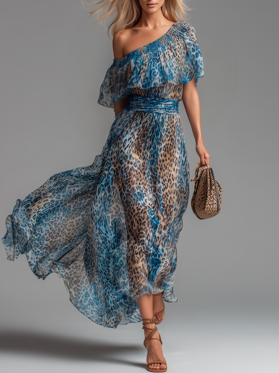 Selvaggia - Vestido largo de chifón con eestampadodo de leopardo y hombros descubiertos