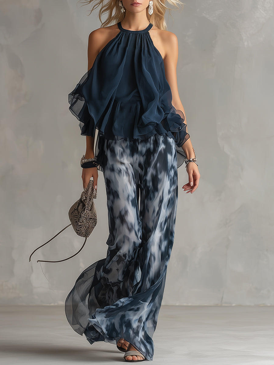 Ludovica - elegante de chifón con top a cuello alto y pantalones anchos eestampadodos