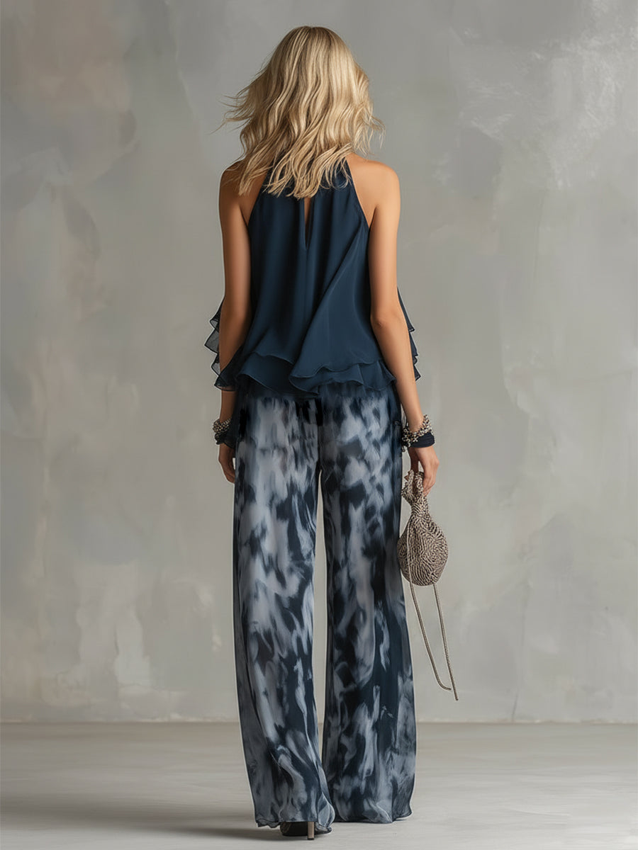 Ludovica - elegante de chifón con top a cuello alto y pantalones anchos eestampadodos