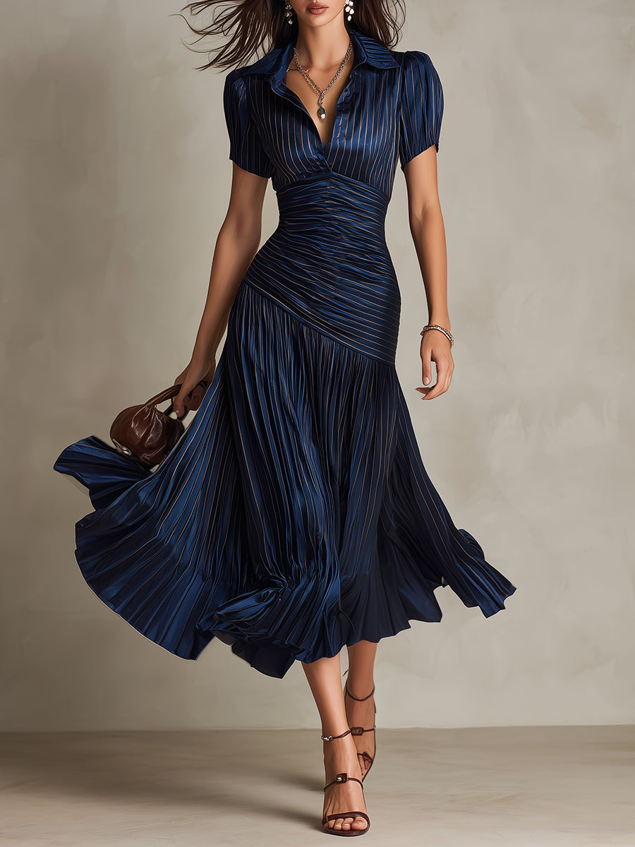 Adriana - Vestido midi de satén de rayas retro