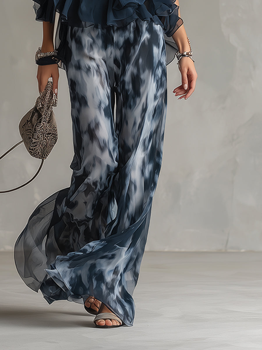 Ludovica - elegante de chifón con top a cuello alto y pantalones anchos eestampadodos