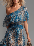 Selvaggia - Vestido largo de chifón con eestampadodo de leopardo y hombros descubiertos