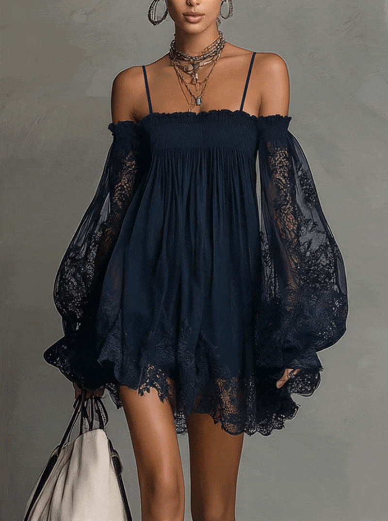 Noemi - Vestido mini de chifón azul marino con scollo a hombros descubiertos, borde de encaje y mangas transparentes