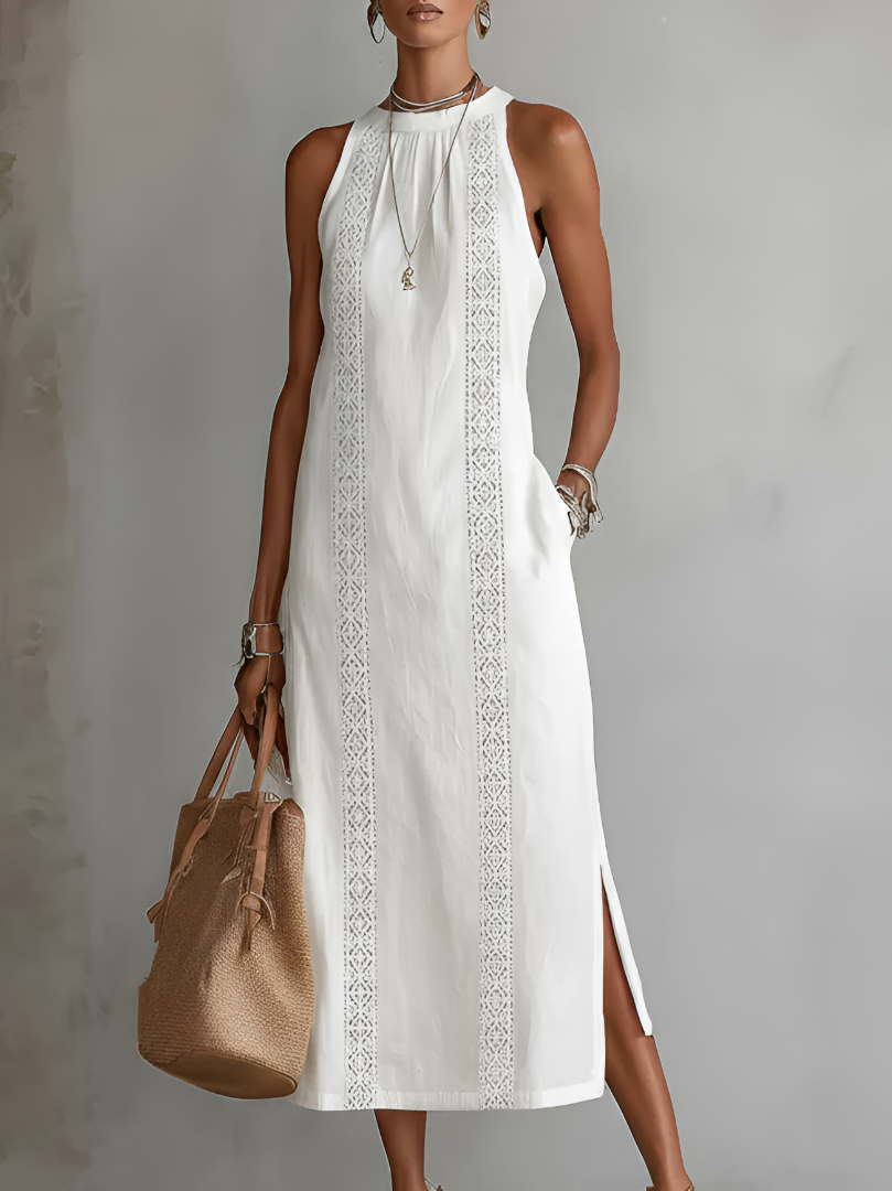 Bianca - Vestido midi de lino con collo mao