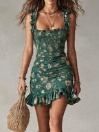 Vestido Mini Estampado Verde Bohemio con Volante