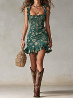Vestido Mini Bohemio Verde Estampado con Volantes