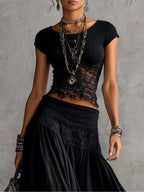 Conjunto de Top de Encaje Negro Transparente y Falda Maxi Plisada