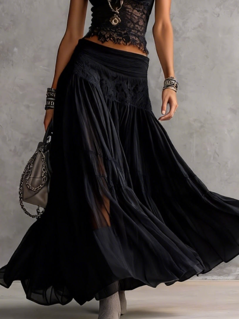 Set Top en Encaje Negro Transparente y Falda Maxi Plisada