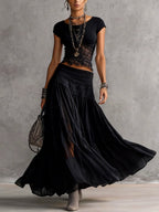 Conjunto de Top de Encaje Negro Transparente y Falda Maxi Plisada