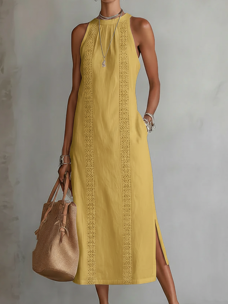 Bianca - Vestido midi de lino con collo mao