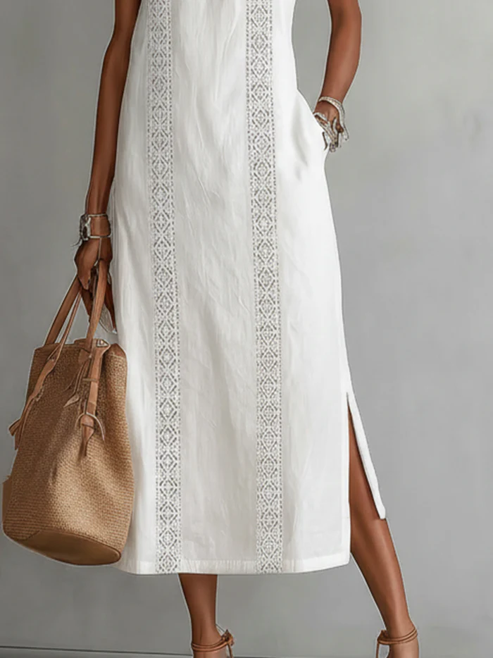 Bianca - Vestido midi de lino con collo mao