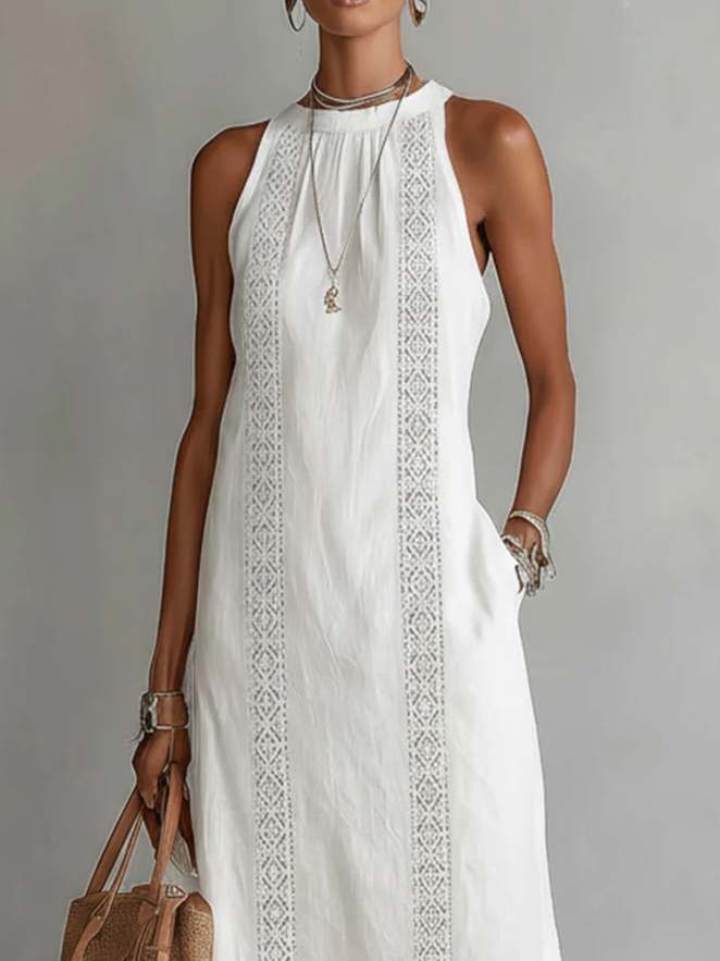 Bianca - Vestido midi de lino con collo mao