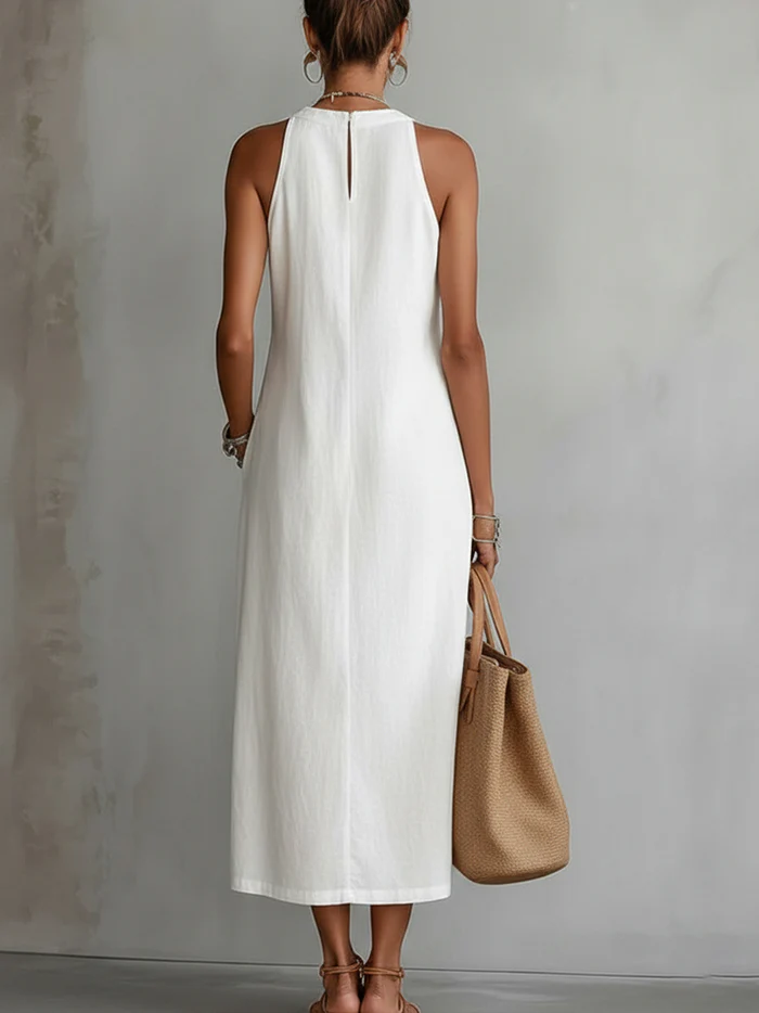 Bianca - Vestido midi de lino con collo mao