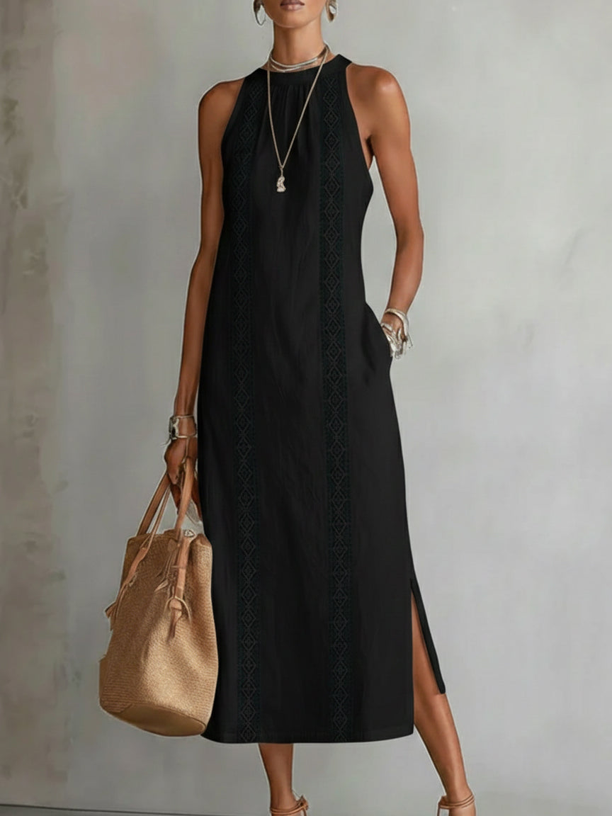 Bianca - Vestido midi de lino con collo mao