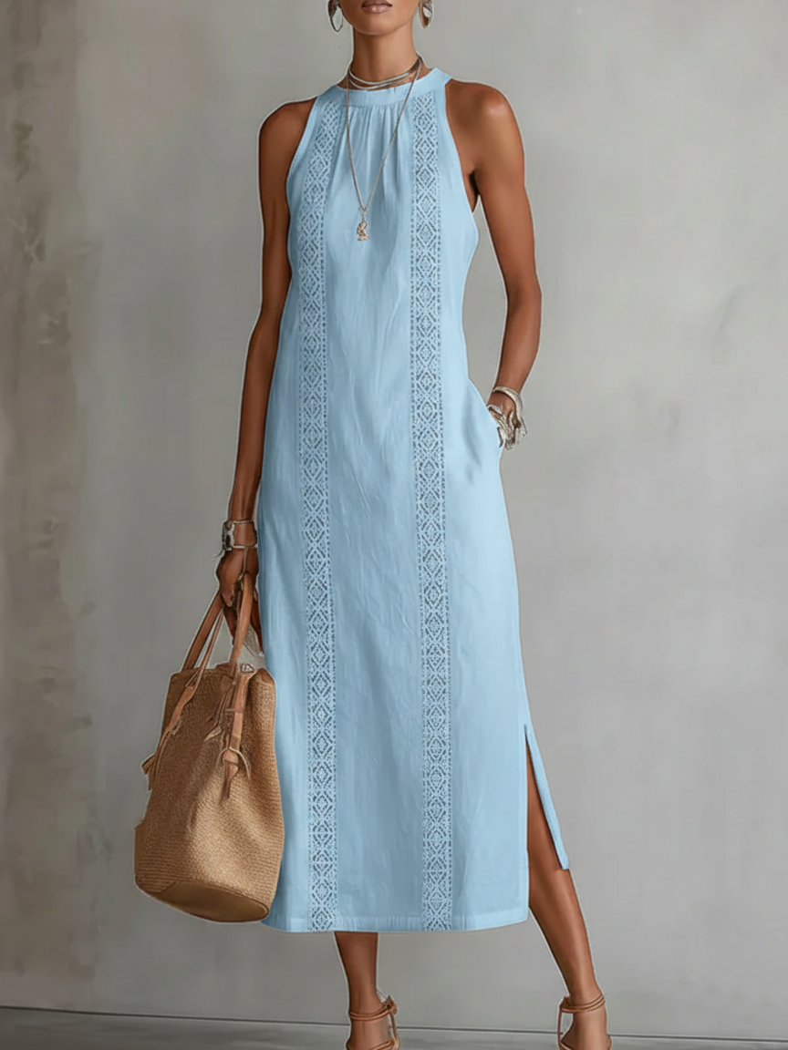 Bianca - Vestido midi de lino con collo mao